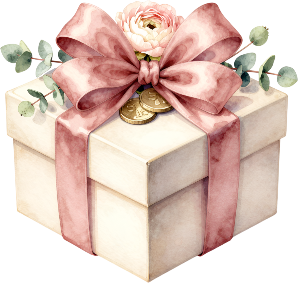 Unveil this delightful square Gift Box Clipart, decorated with a pink bow, ranunculus, and gold coins, a charming PNG for celebratory giving