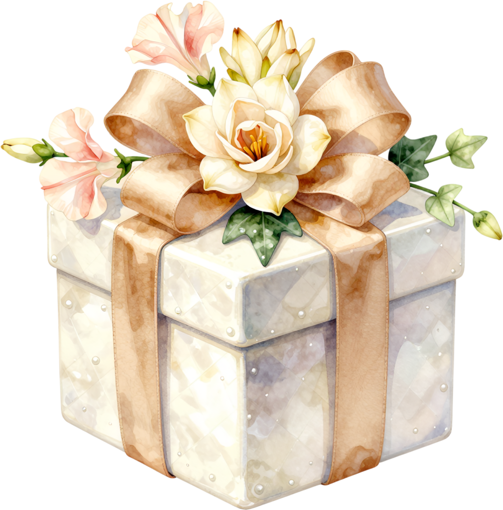 Craft beautiful projects using this square Gift Box Clipart, adorned with a white gardenia and peach ribbon, a serene PNG for elegant stationery