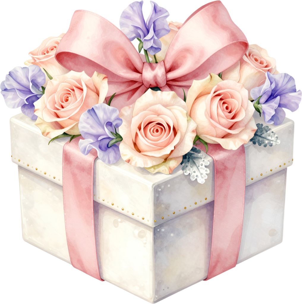 Discover this lovely square Gift Box Clipart, featuring a delicate rose bouquet and sweet peas, a delightful PNG for heartfelt messages