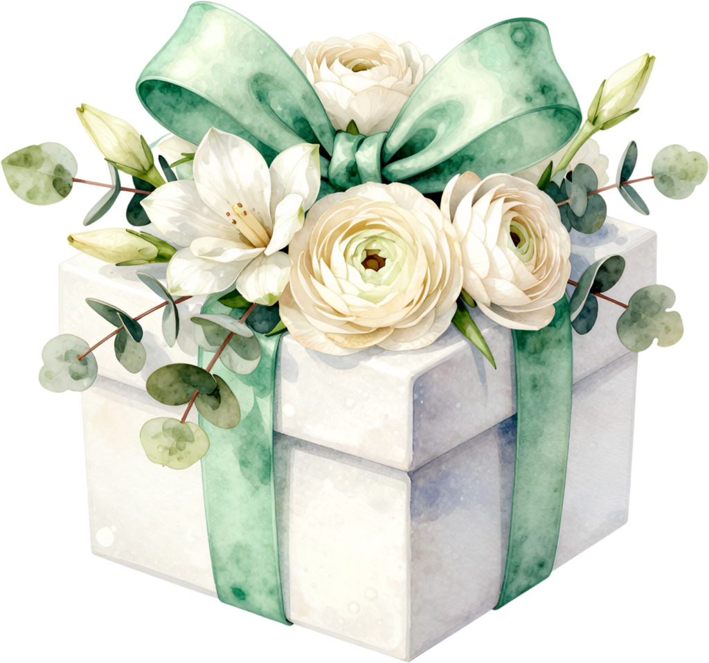 Adorn your designs with this fresh square Gift Box Clipart, boasting white ranunculus and eucalyptus, a crisp PNG for modern aesthetics