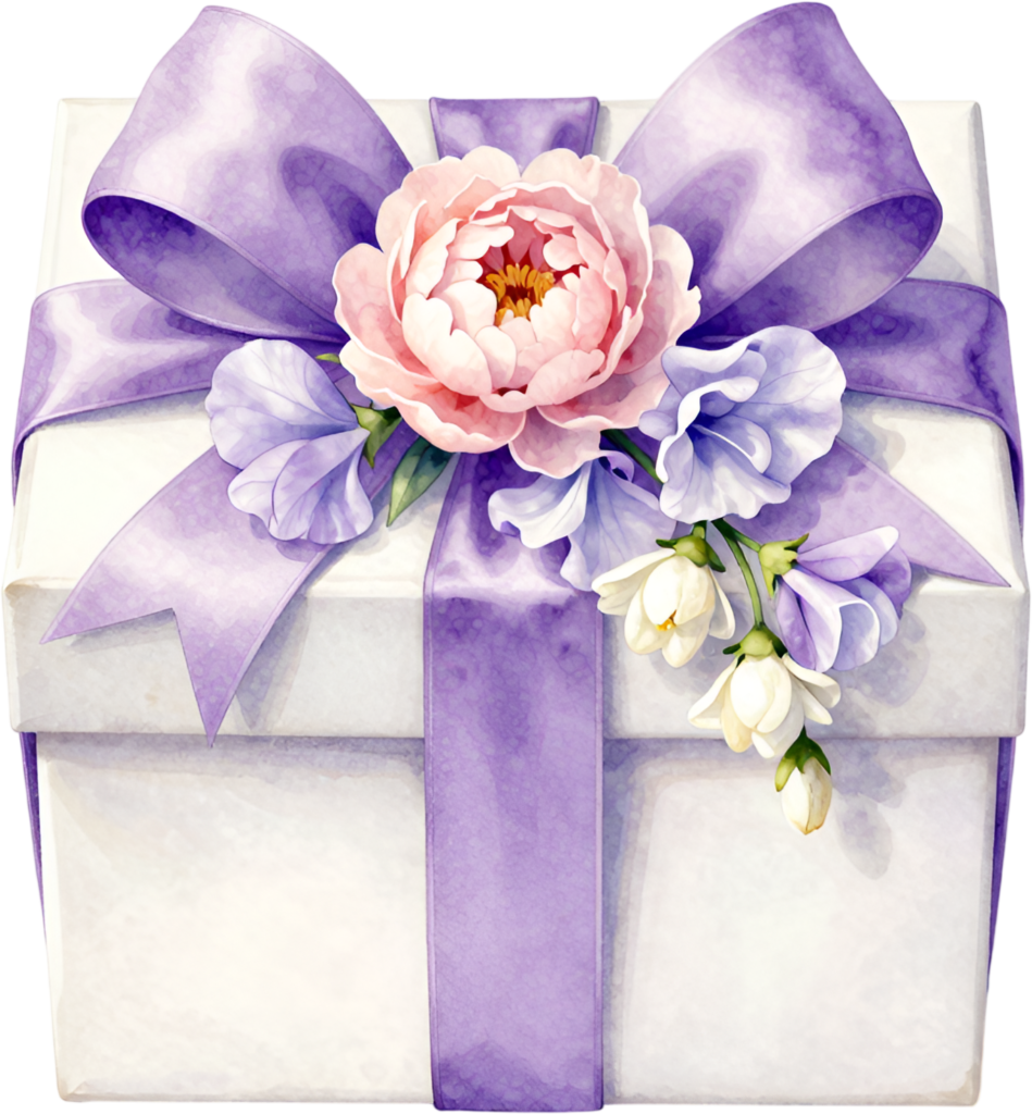 Presenting this charming square Gift Box Clipart, adorned with a pink peony, sweet peas, and a lavender bow, a lovely PNG for spring events