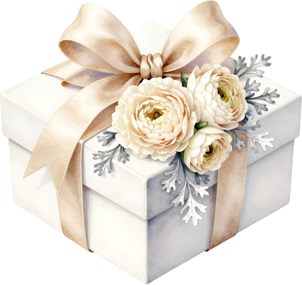 Unveil this sophisticated square Gift Box Clipart, showcasing delicate ranunculus and dusty miller, a pristine PNG for elegant gifting