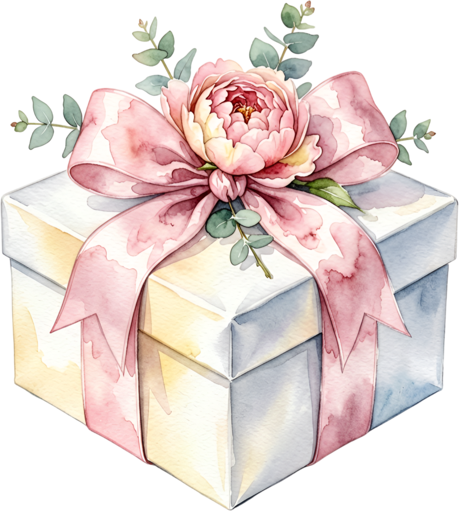 Elevate your projects with this square Gift Box Clipart, featuring a romantic pink peony and eucalyptus, a beautiful PNG for graceful designs