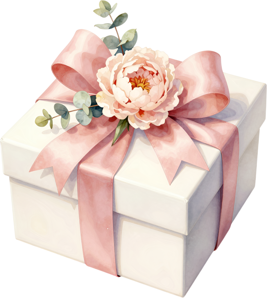 Adorn your stationery with this delightful square Gift Box Clipart, featuring a pink peony and eucalyptus, a charming PNG for soft romance
