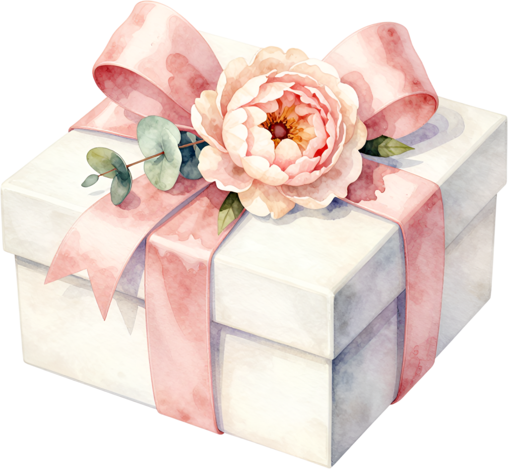 Create enchanting visuals with this square Gift Box Clipart, adorned with a pink peony and eucalyptus, a lovely PNG for heartfelt sentiments