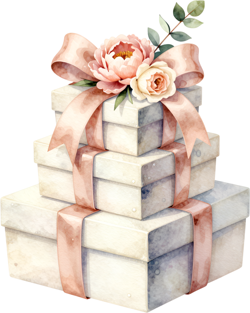 Design captivating layouts with this tiered Gift Box Clipart stack, featuring a pink peony and eucalyptus, a delightful PNG for multi-gift displays