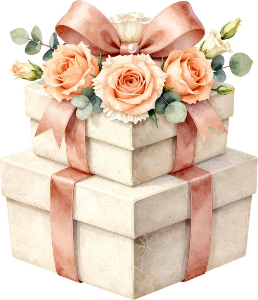 Unveil this elegant tiered Gift Box Clipart stack, adorned with peach roses and eucalyptus, a charming PNG for sophisticated celebrations