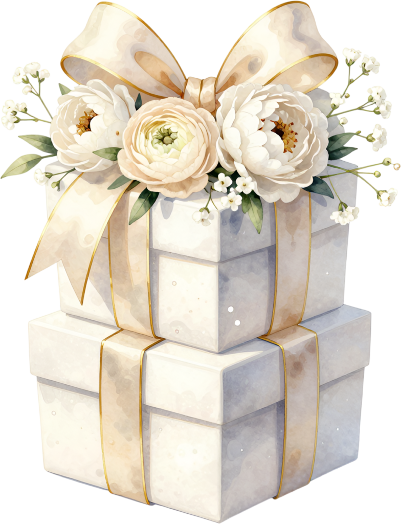 Elevate your designs with this tiered Gift Box Clipart stack, showcasing white ranunculus and baby’s breath, a pristine PNG for bridal themes