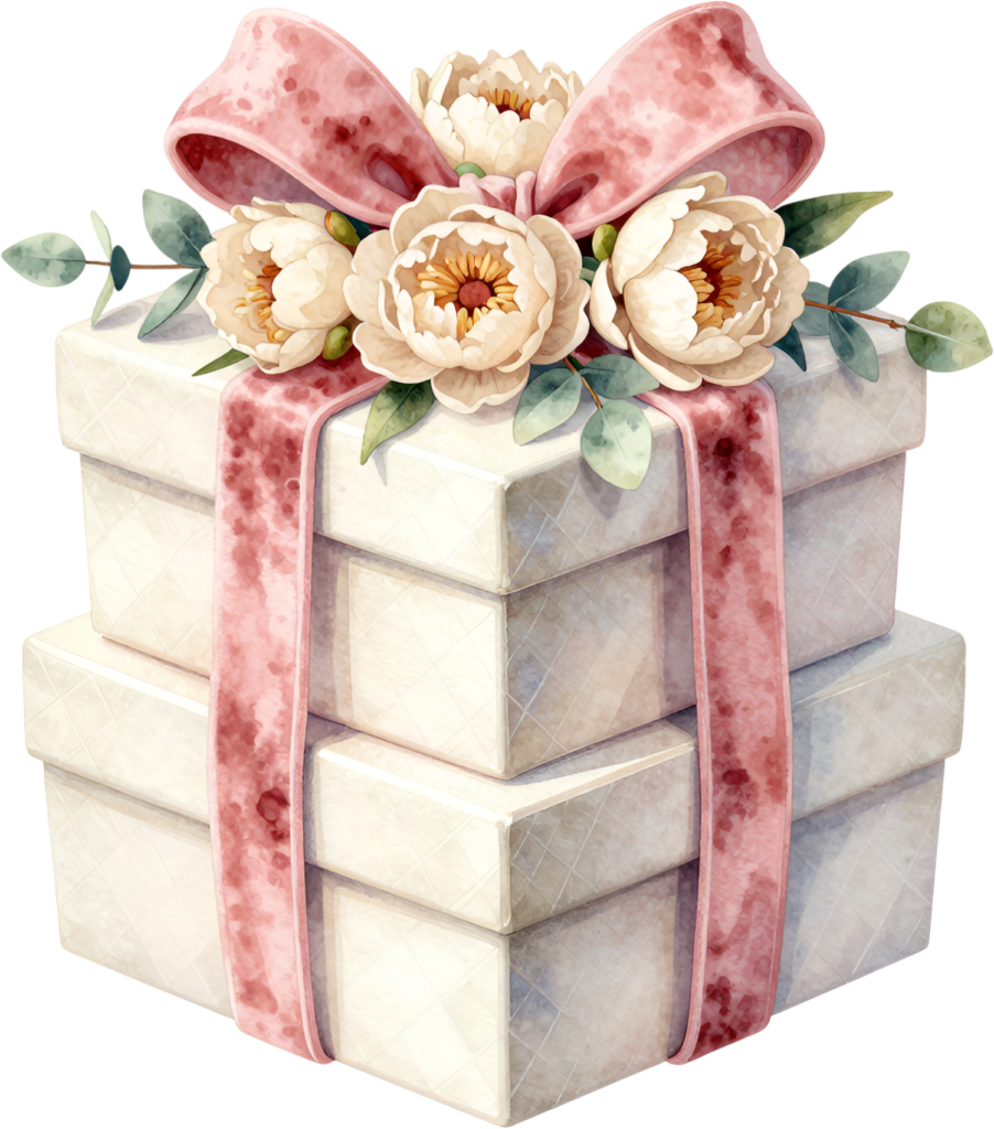 Adorn your projects with this tiered Gift Box Clipart stack, featuring charming ranunculus and a pink ribbon, a lovely PNG for feminine gifts