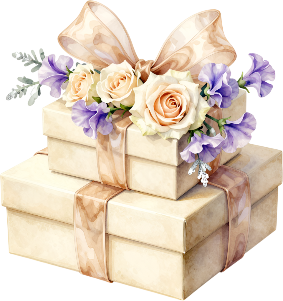 Presenting this elegant tiered Gift Box Clipart stack, decorated with peach roses and lavender, a sophisticated PNG for special occasions