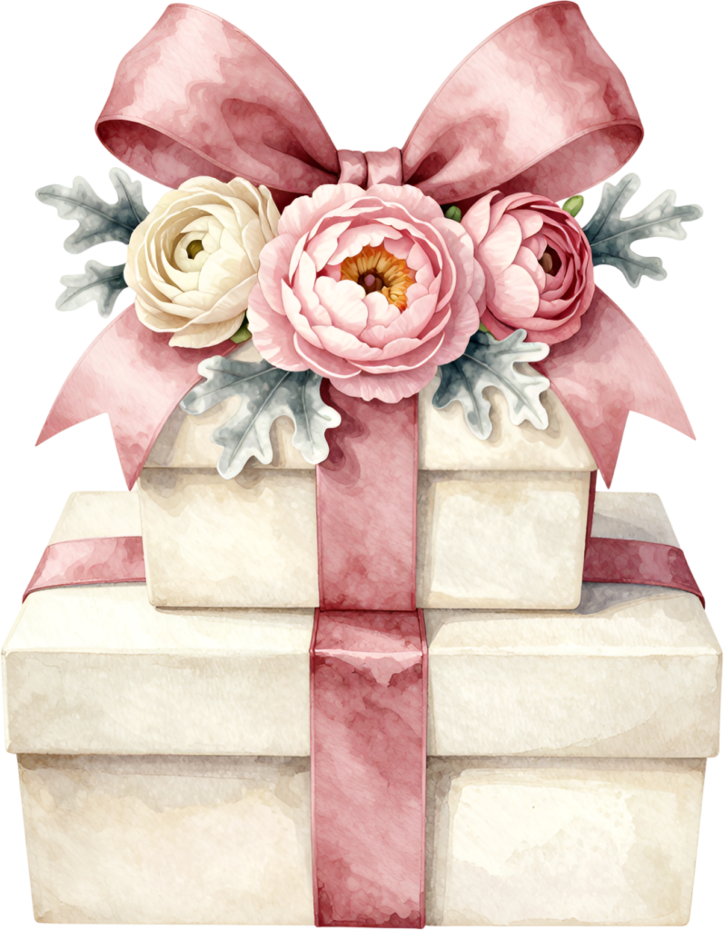 Design beautiful cards with this tiered Gift Box Clipart stack, featuring a romantic peony and a pink ribbon, a delightful PNG for tender moments