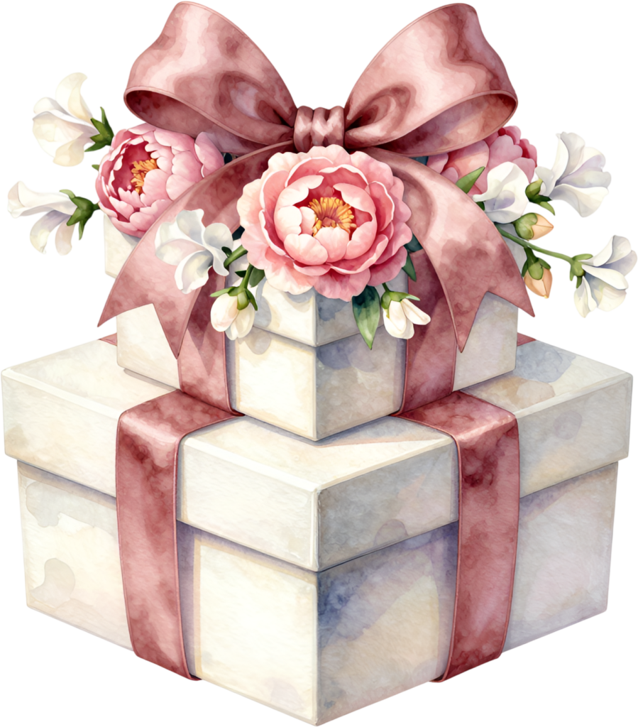 Create charming invitations with this tiered Gift Box Clipart stack, showcasing blush peonies and sweet peas, a lovely PNG for graceful events
