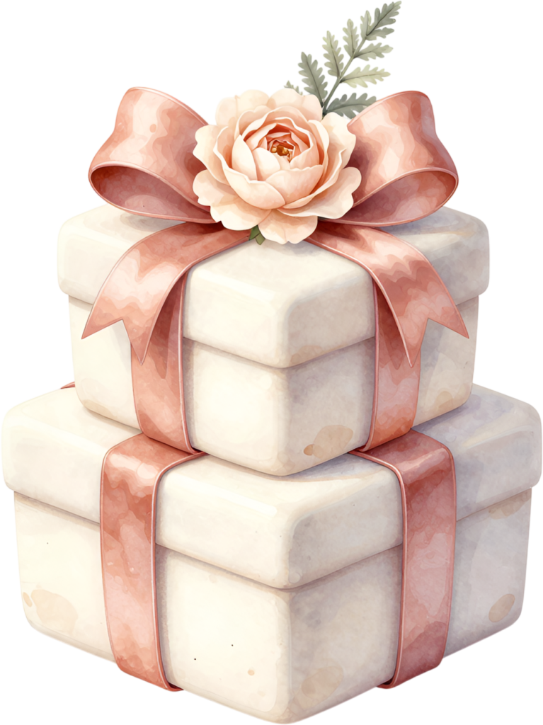 Elevate digital designs with this tiered Gift Box Clipart stack, adorned with a peach rose and ribbon, a simple PNG for understated elegance