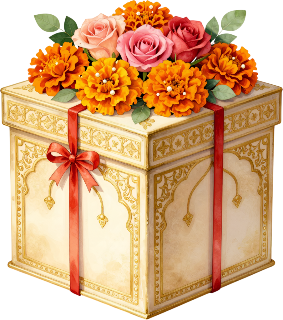 Unveil this ornate square Gift Box Clipart, decorated with bright marigolds and roses, a festive PNG for cultural celebration projects