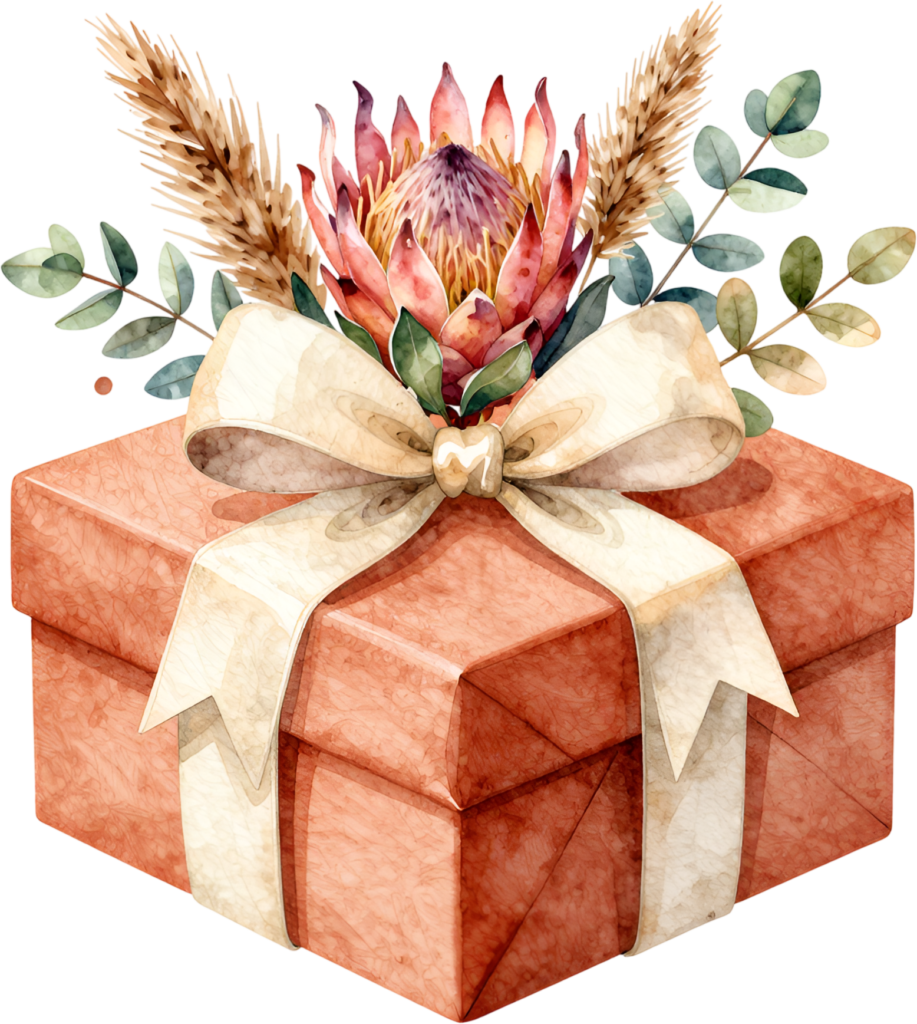 Embellish your creations with this rustic Gift Box Clipart, featuring a protea, pampas grass, and eucalyptus, a unique PNG for boho themes