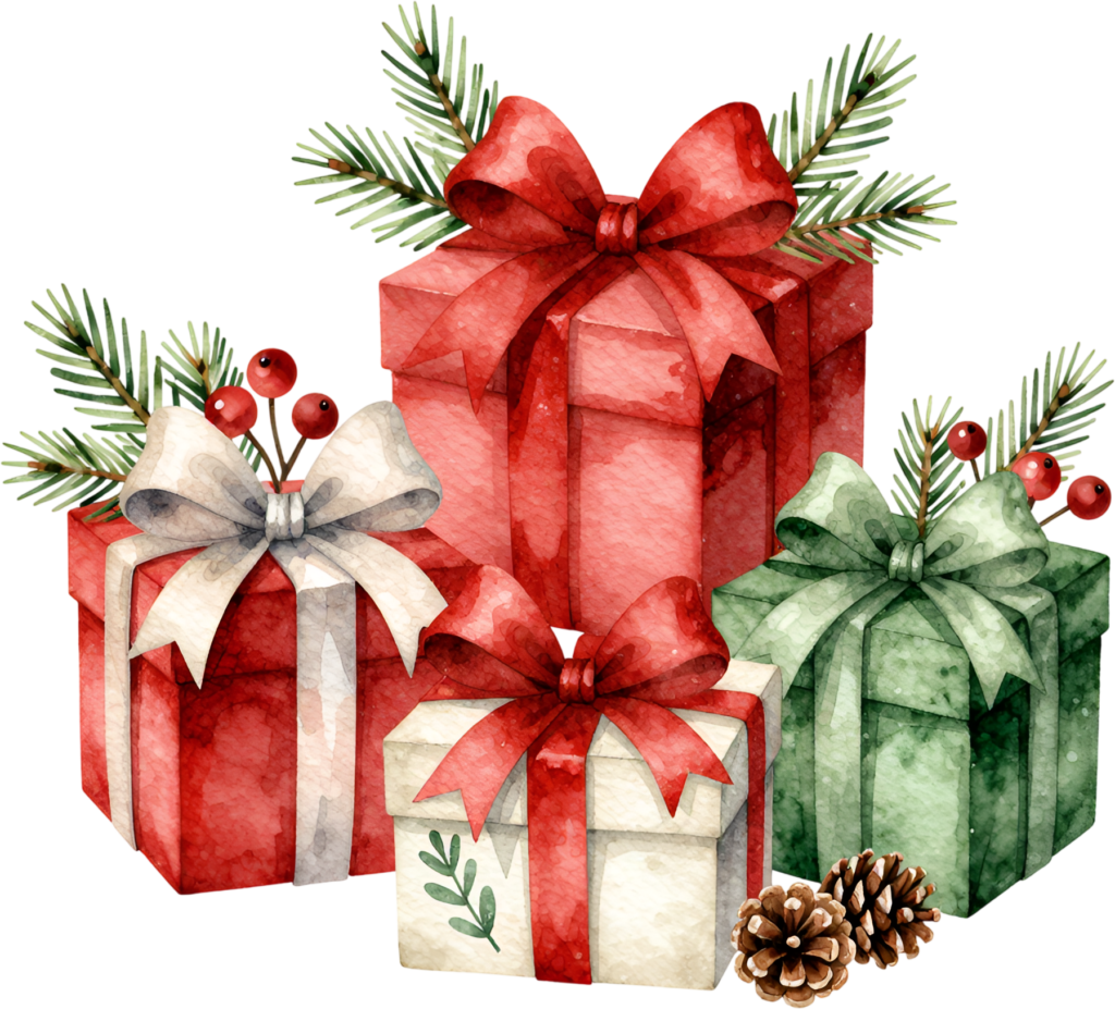 Prepare for the holidays with this vibrant Christmas Gift Box Clipart collection, featuring pine, berries, and cones, a festive PNG bundle