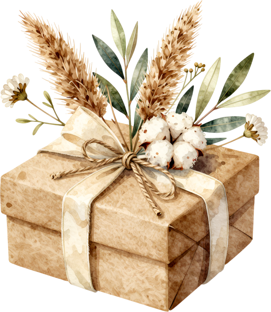 Adorn your rustic projects with this kraft paper Gift Box Clipart, featuring cotton and wheat, a natural PNG for cozy autumn designs