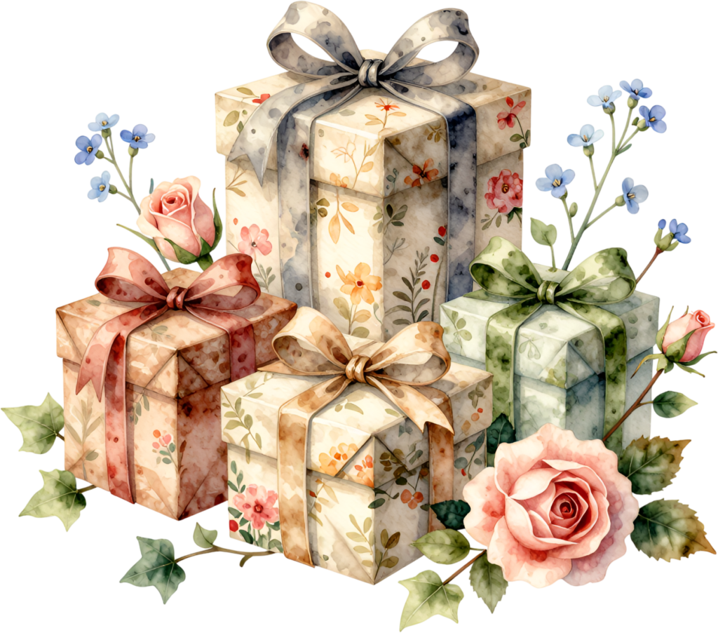 Design charming stationery with this patterned Gift Box Clipart set, featuring flowers and ivy, a lovely PNG for spring and garden themes