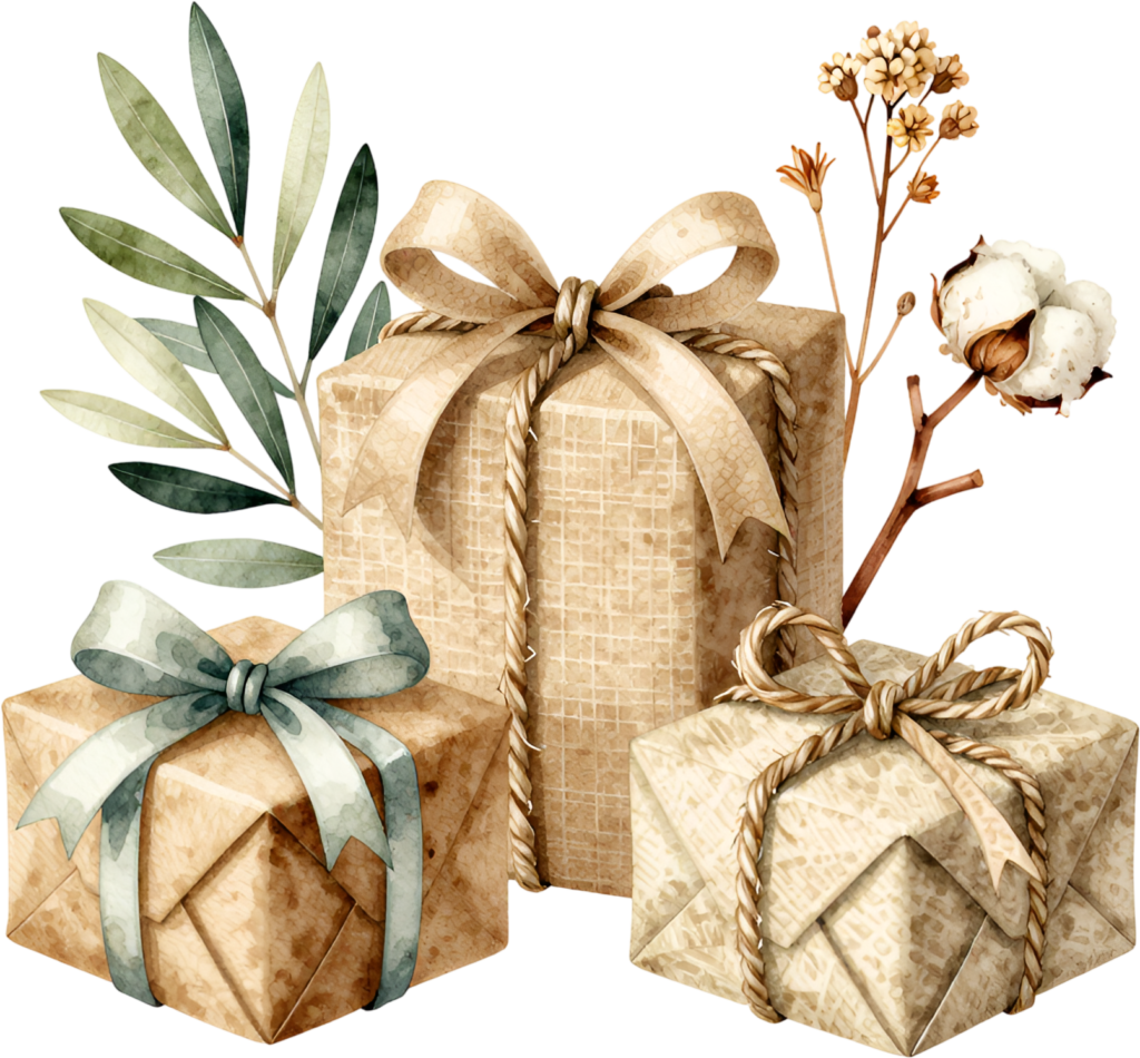 Create natural-themed artwork with this kraft paper Gift Box Clipart trio, featuring cotton and olive leaves, an earthy PNG for eco-conscious designs