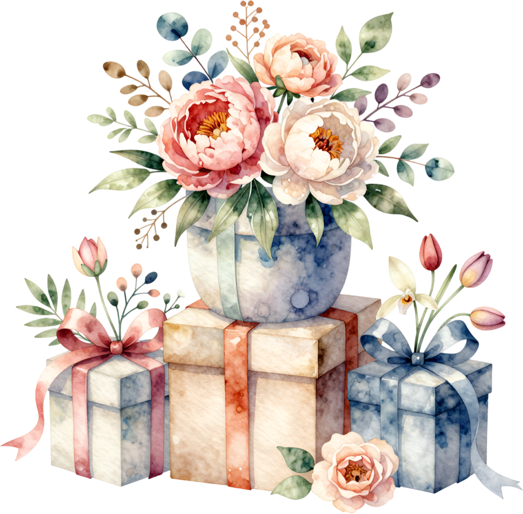 Brighten up designs with this delightful Gift Box Clipart stack, featuring flowers in a vase, a cheerful PNG for celebratory displays