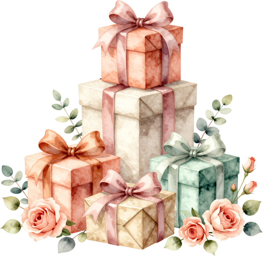Enhance your visual storytelling with this charming Gift Box Clipart assortment, featuring roses and eucalyptus, a versatile PNG for any celebration