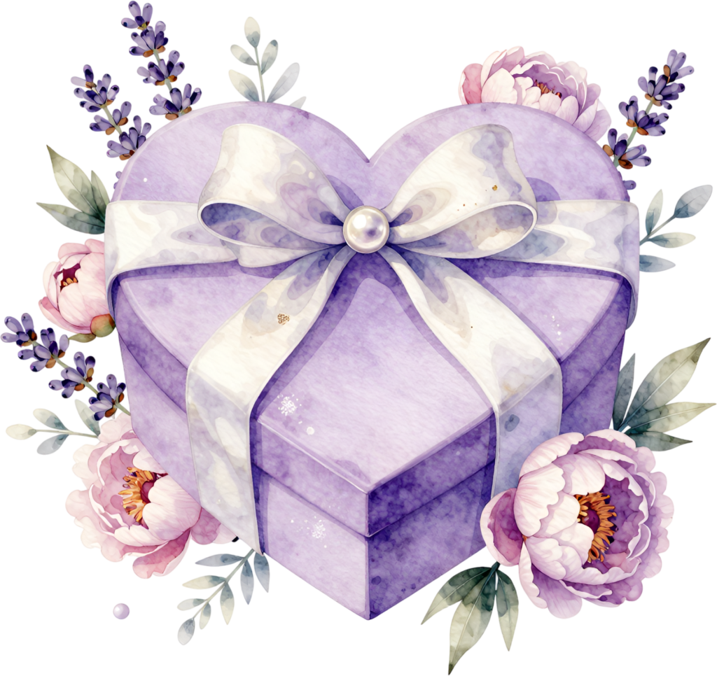 Embrace romance with this heart-shaped Gift Box Clipart, adorned with lavender and peonies, a sweet PNG for Valentine’s Day designs
