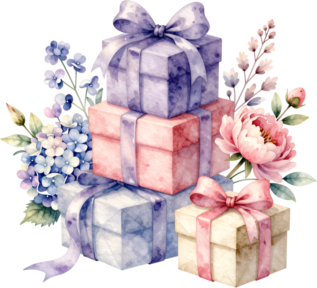 Design captivating scenes with this colorful Gift Box Clipart stack, featuring hydrangea and peonies, a beautiful PNG for diverse celebrations