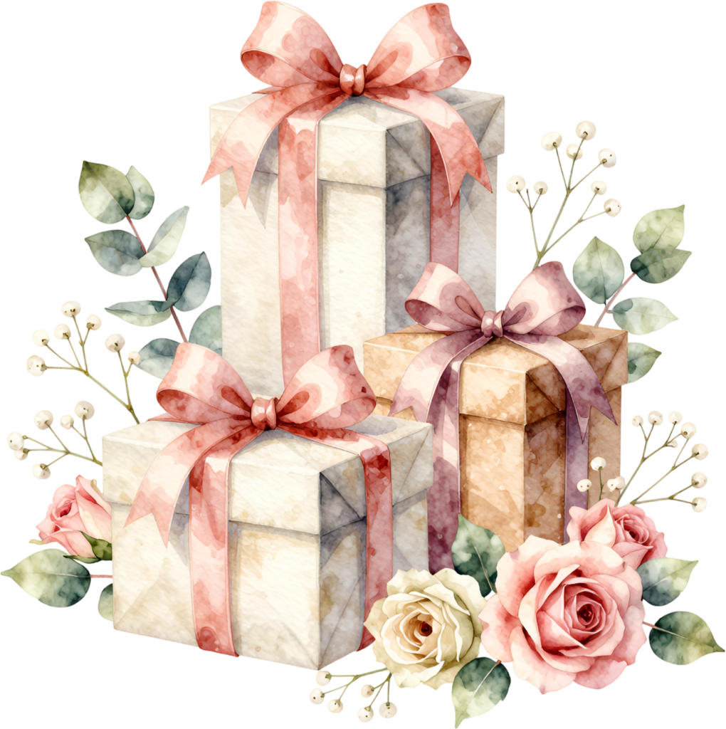Create elegant compositions with this refined Gift Box Clipart stack, showcasing roses and eucalyptus, a pristine PNG for sophisticated events