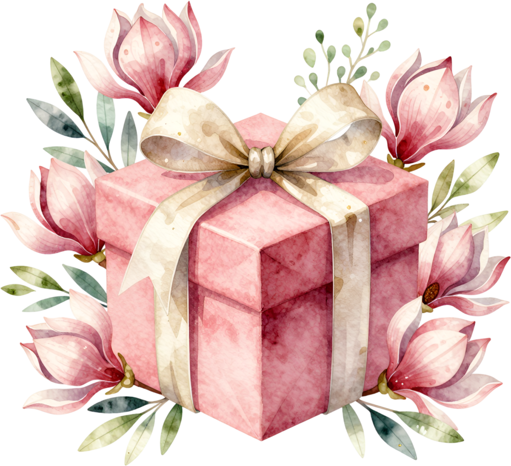 Illuminate your projects with this charming pink Gift Box Clipart, surrounded by magnolia blooms, a lovely PNG for sweet floral themes