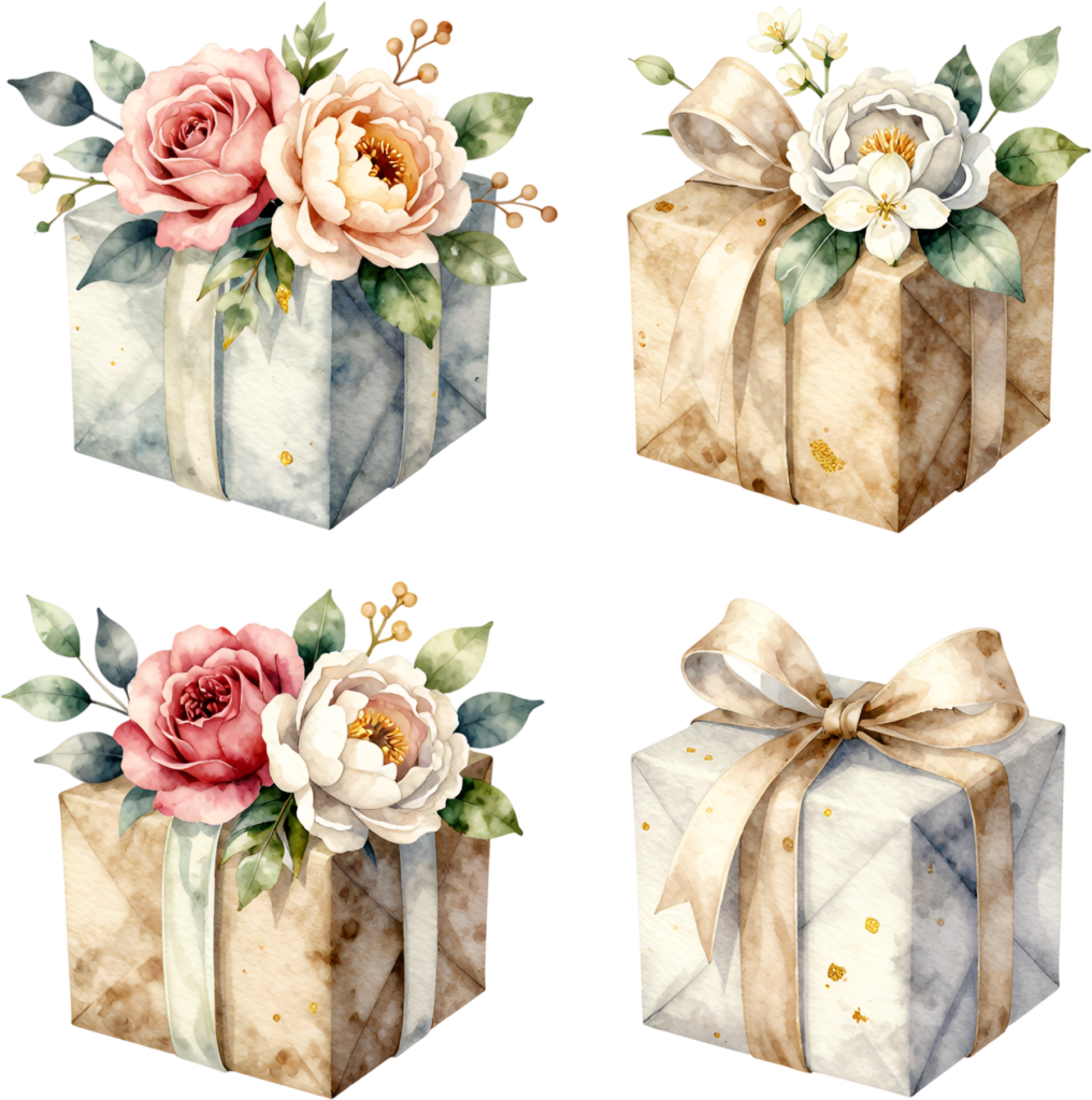 Presenting this versatile 4 Gift Box Clipart, featuring mixed florals and ribbons, a dynamic PNG bundle for diverse design needs