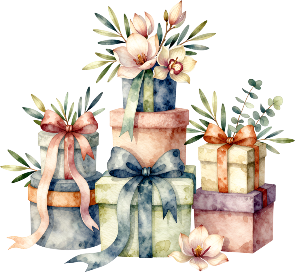 Stacked Gift Boxes watercolor PNG illustration for elegant wedding invitations and celebration digital crafts