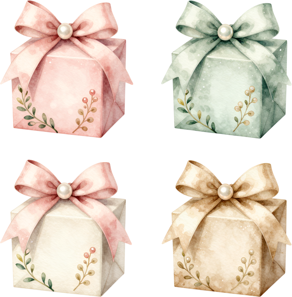 Individual Gift Boxes with dainty pearl bows, a charming PNG illustration for bridal shower printables