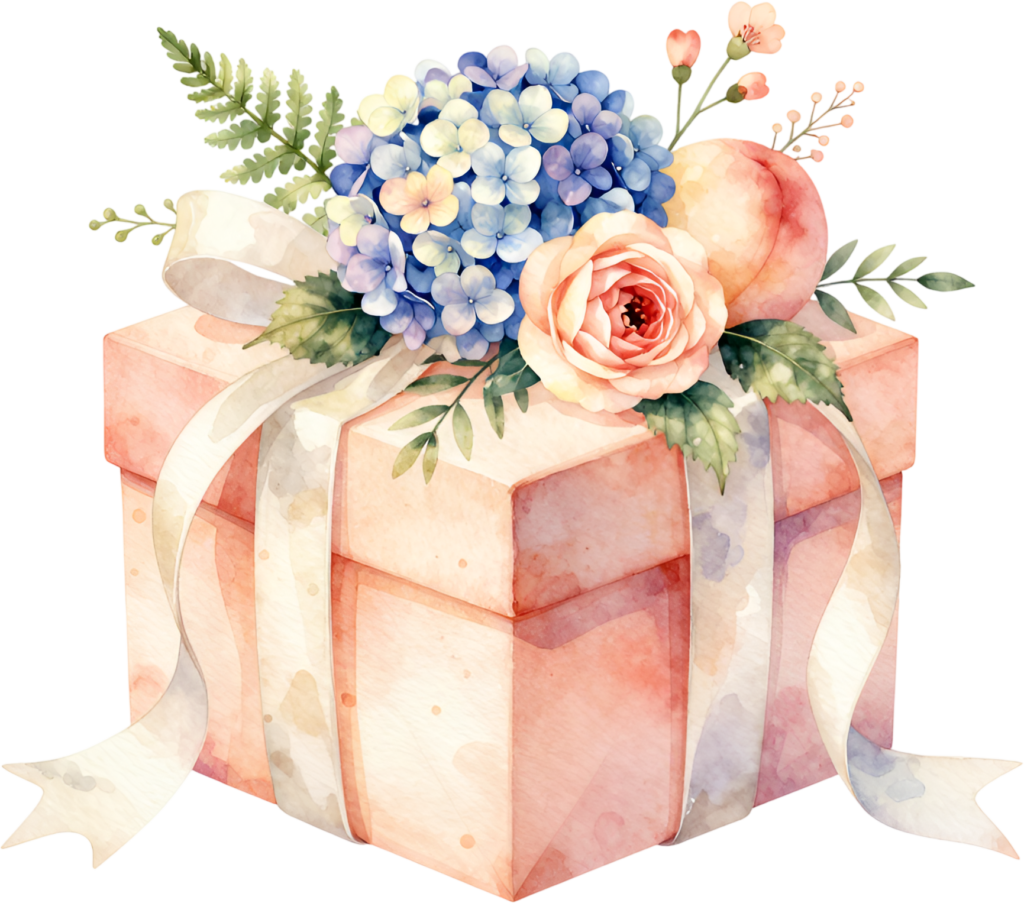 Floral Gift Box watercolor PNG illustration featuring hydrangea and rose, ideal for Mother’s Day cards