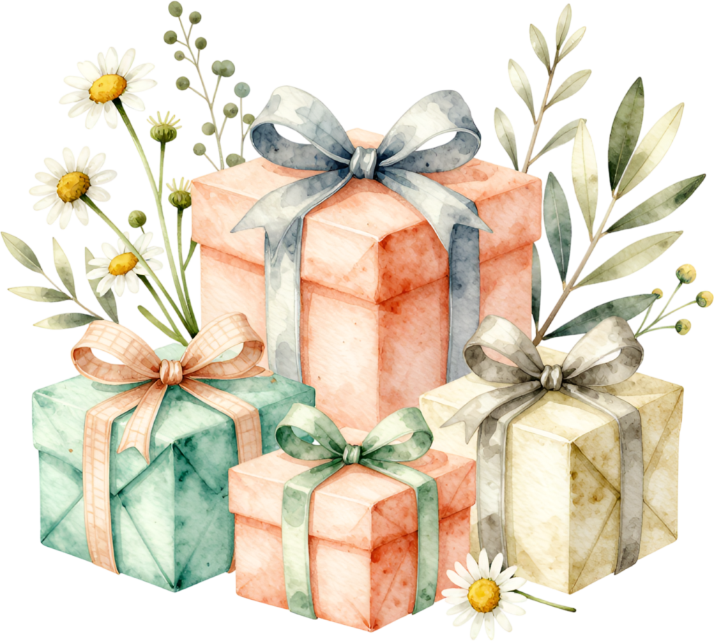 Colorful Gift Boxes watercolor clipart collection, a daisy-filled PNG illustration for spring birthday parties