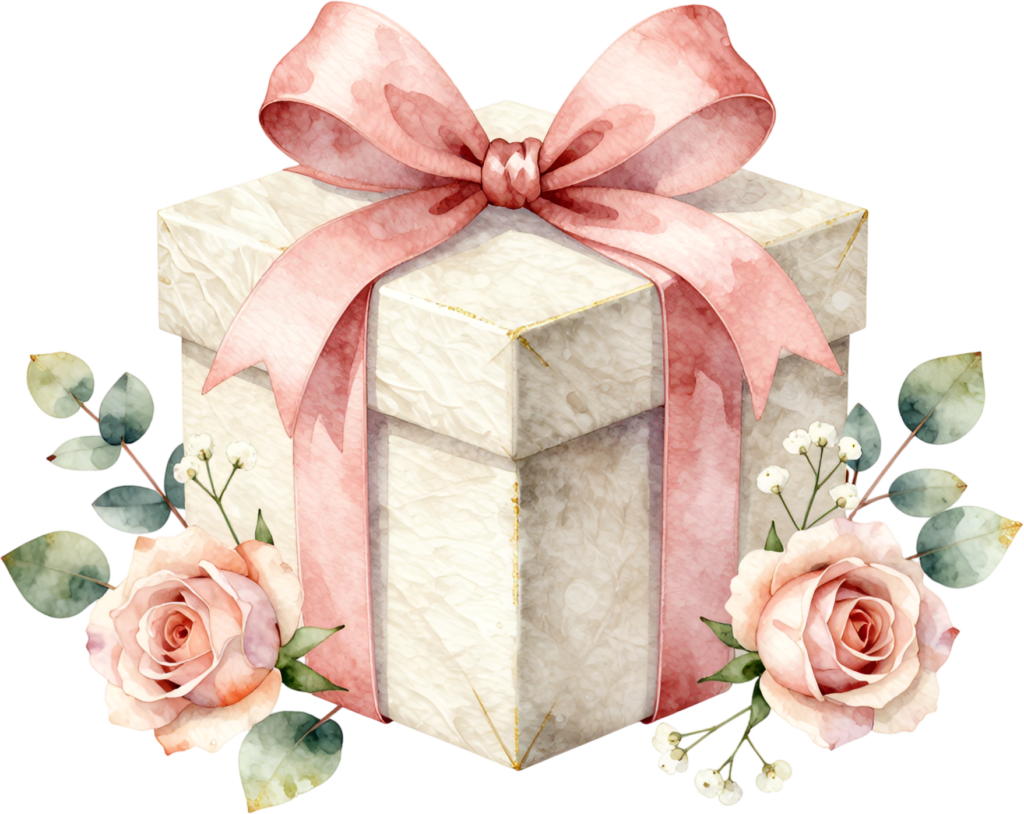 Elegant Gift Box with pink rose accents, a stunning PNG illustration perfect for luxury brand marketing materials