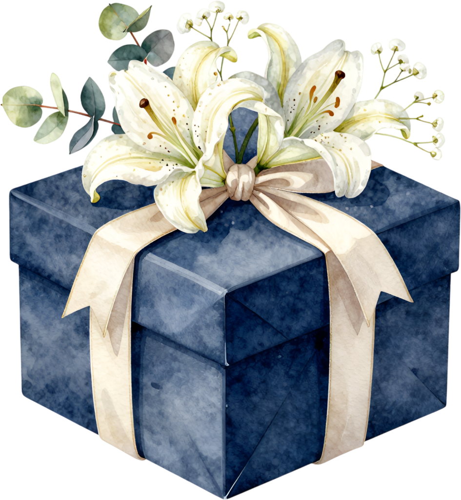 Blue Gift Box watercolor PNG illustration, adorned with white lilies, excellent for sympathy or memorial designs
