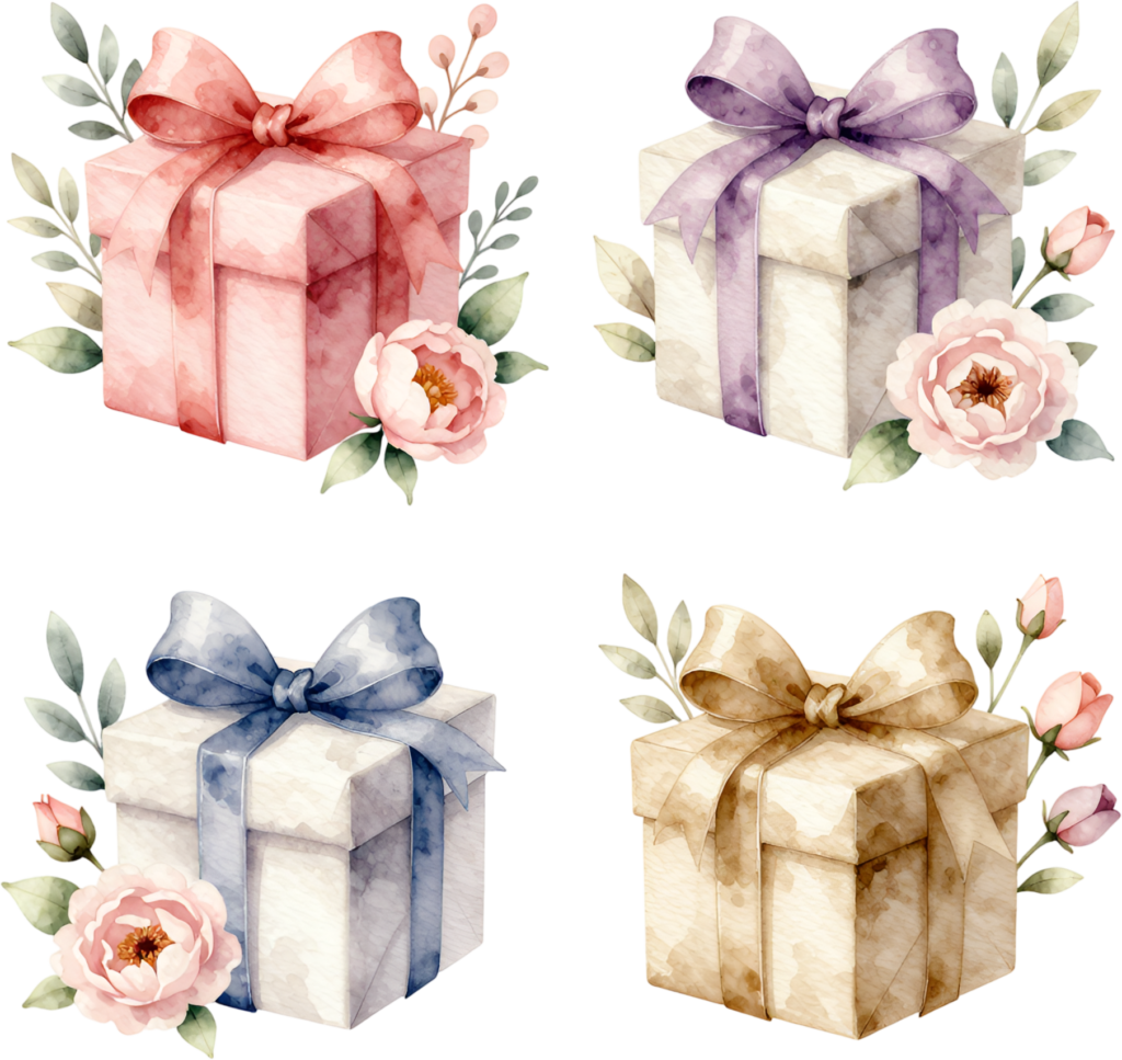 Assorted Gift Boxes watercolor PNG illustrations, perfect for creating diverse greeting card designs and party invites