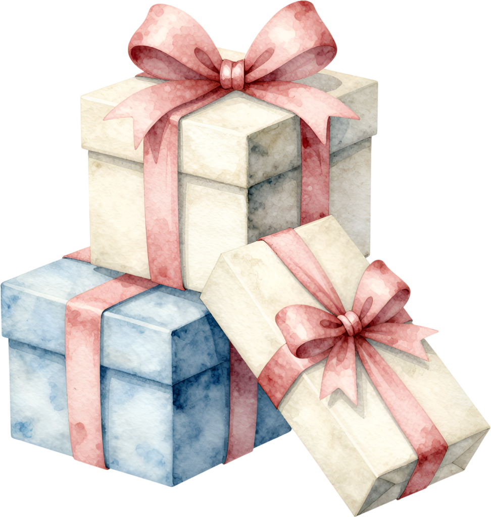 Grouped Gift Boxes in delicate pastel hues, a lovely PNG illustration for bespoke baby shower or gender reveal crafts