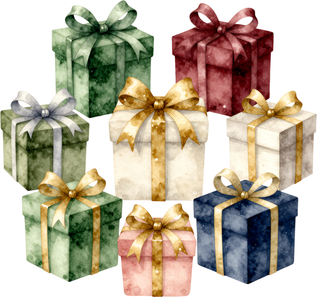 Holiday Gift Boxes watercolor PNG collection, featuring festive colors perfect for Christmas and New Year’s promotions