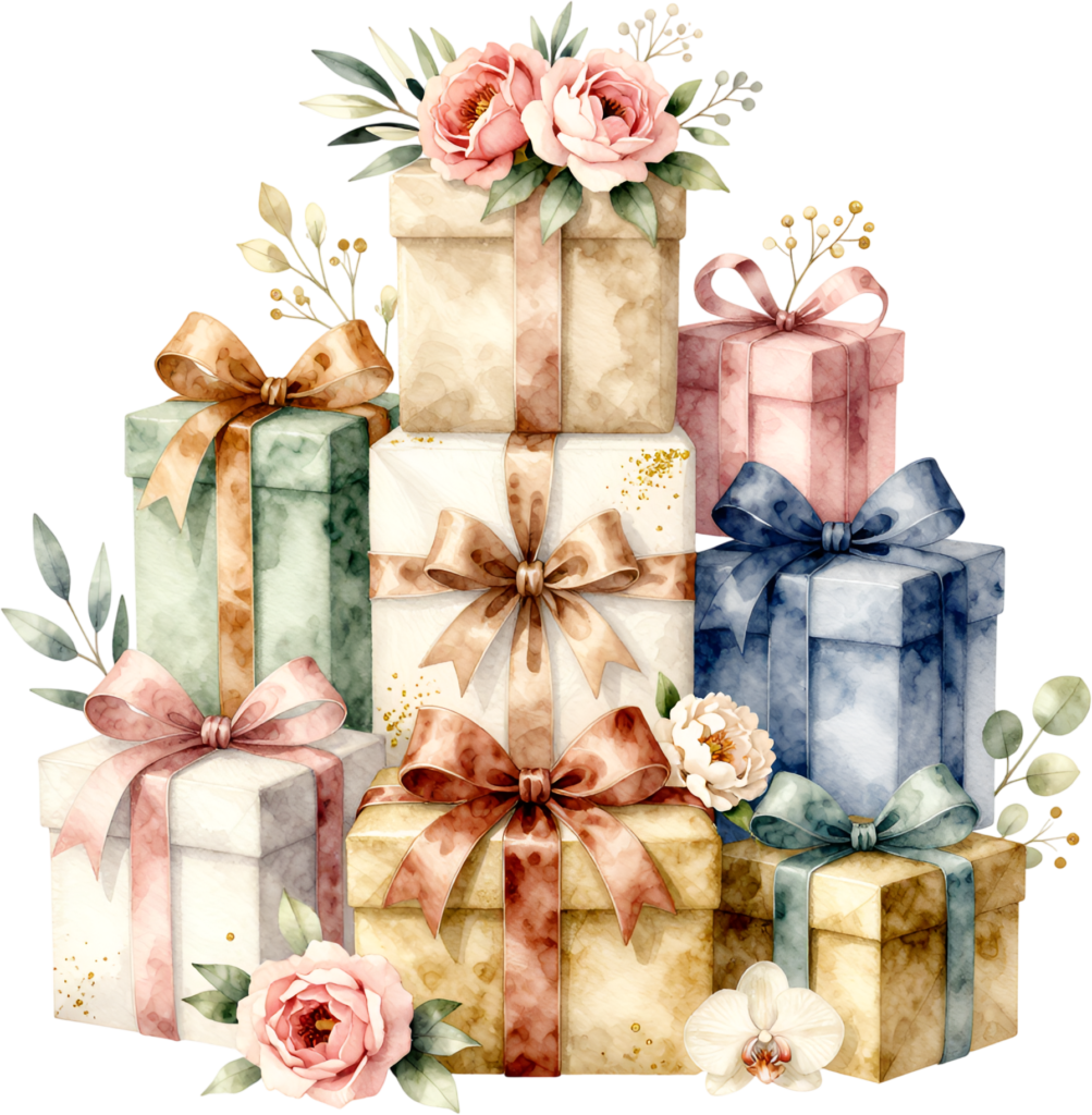 Grand Gift Pile watercolor PNG illustration, a vibrant stack of presents for opulent birthday party backdrops