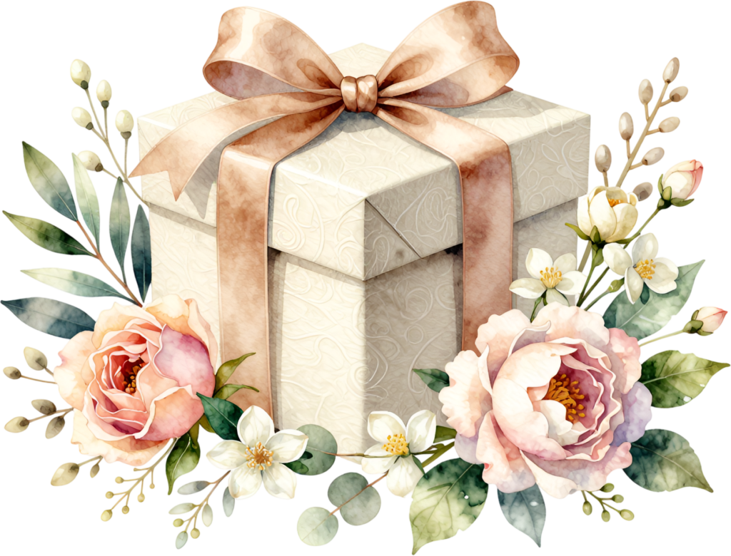 Botanical Gift Box with soft peach roses, a delightful PNG illustration for spring-themed wedding stationery