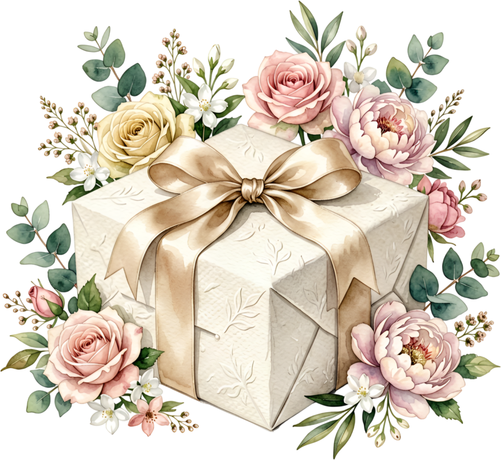 Romantic Gift Box watercolor PNG illustration adorned with lush peonies and golden ribbons, perfect for anniversaries