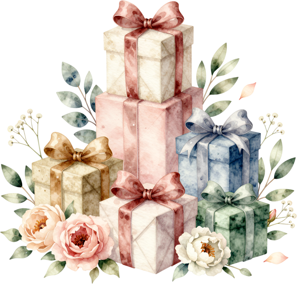 Festive Present Stack watercolor PNG illustration, featuring an array of colorful boxes and blooming flowers for joyous events