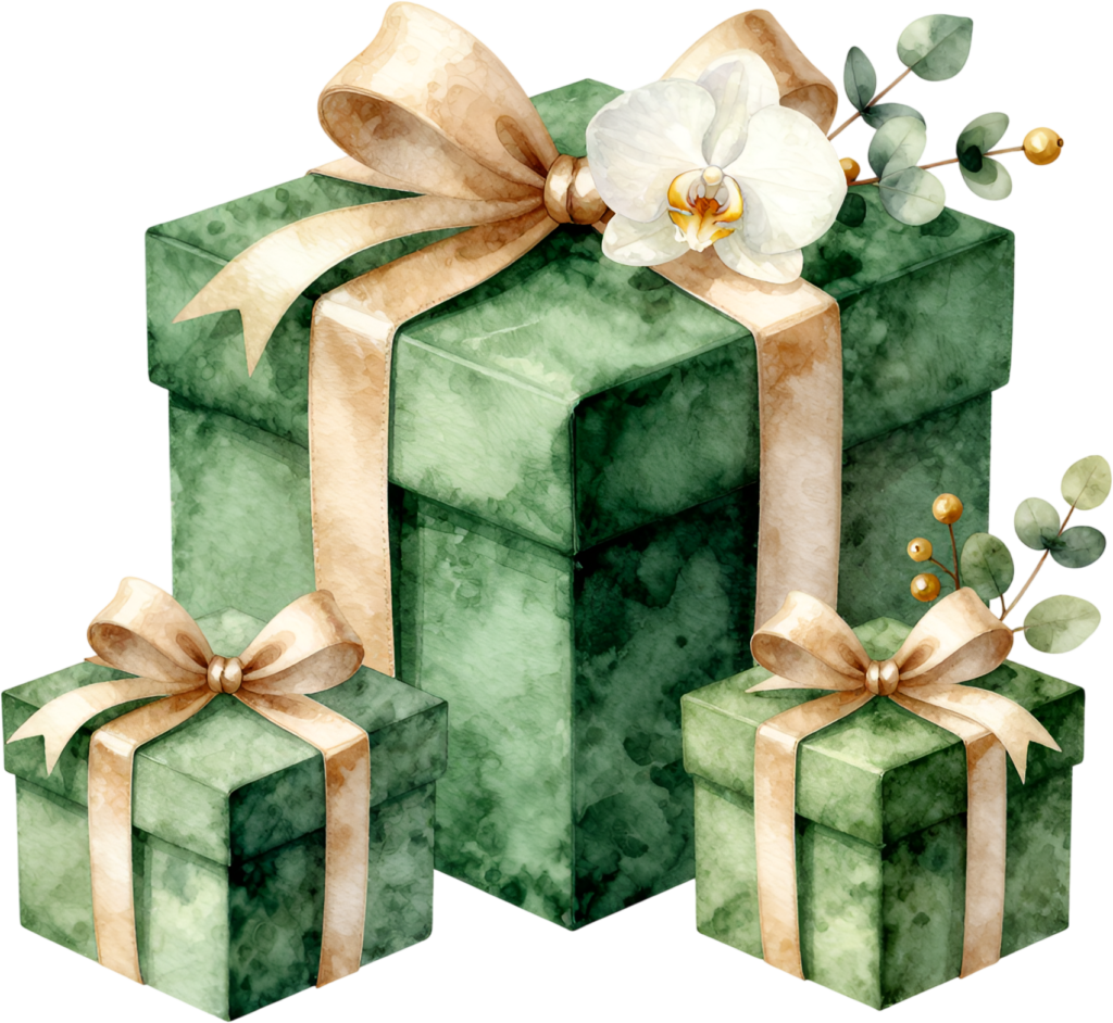 Green Present Set watercolor PNG illustration with delicate orchids and gold accents, ideal for sophisticated holiday themes