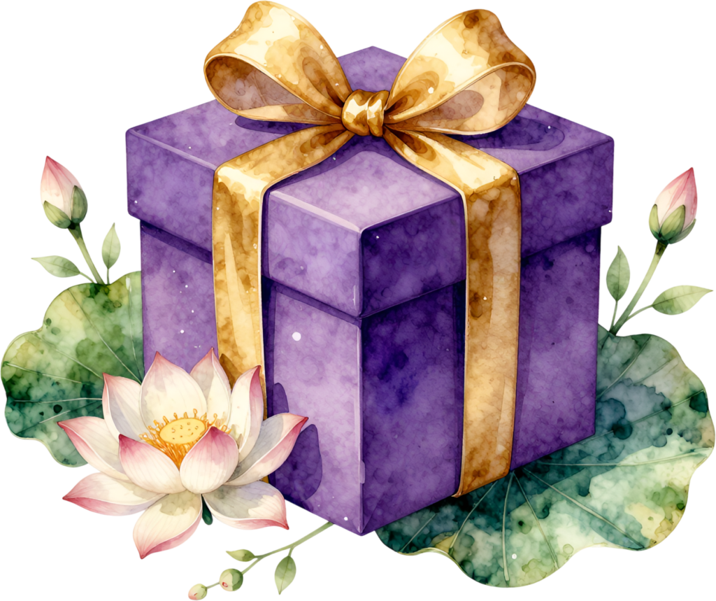 Purple Gift Box watercolor PNG illustration, complemented by beautiful lotus flowers for serene spiritual event designs