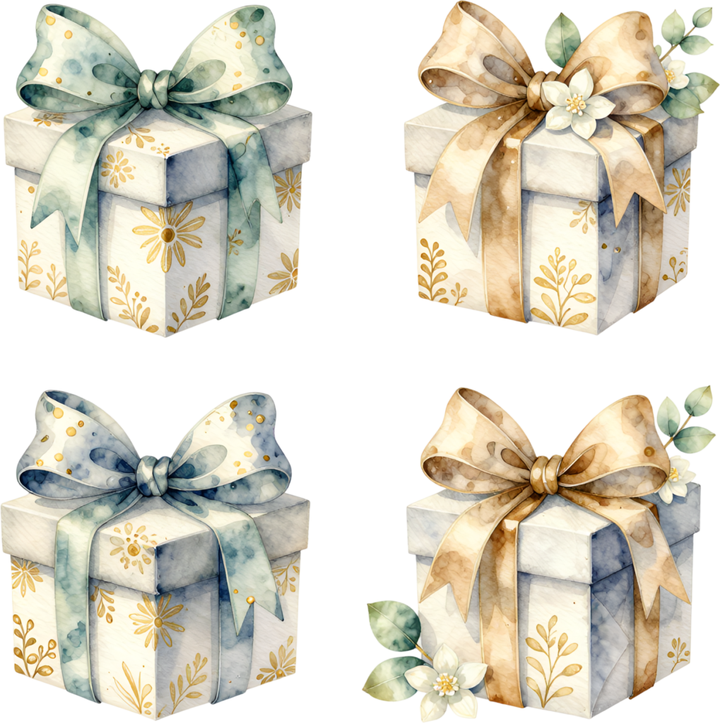 Patterned Gift Boxes watercolor PNG illustration, showcasing elegant gold floral designs for sophisticated event stationery
