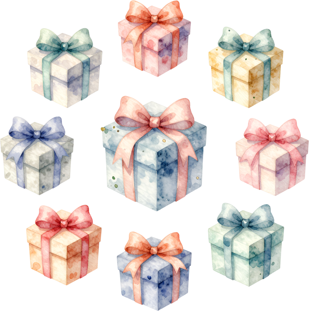 Vibrant Gift Set watercolor PNG illustrations, bursting with cheerful colors perfect for lively birthday party invitations
