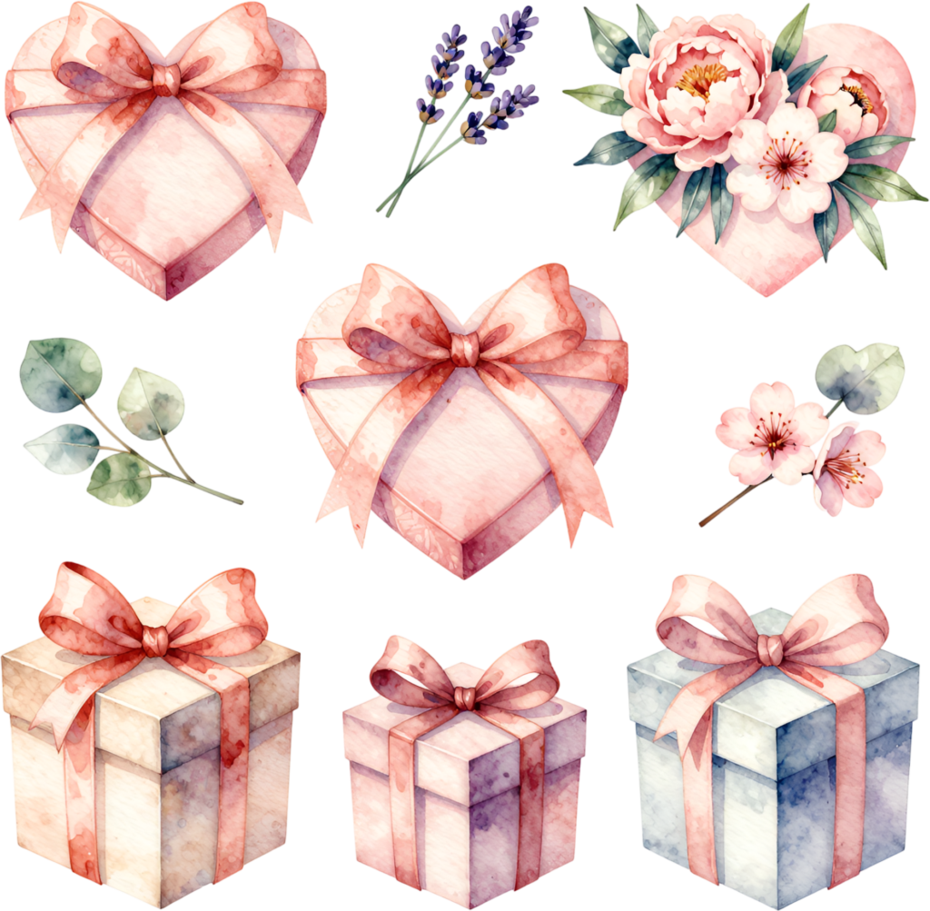 Valentine’s Day Gifts watercolor PNG illustrations, featuring heart-shaped boxes and romantic floral elements for love themes