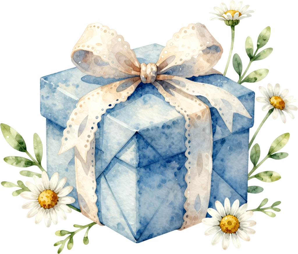 Daisy Gift Box watercolor PNG illustration with delicate lace ribbon, perfect for rustic garden party invitations