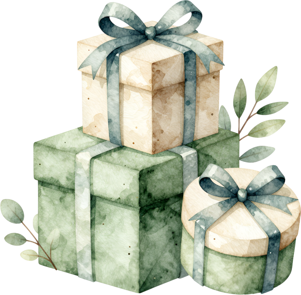 Earthy Tone Presents watercolor PNG illustration, a charming trio of gifts with serene green and cream palettes for natural themes
